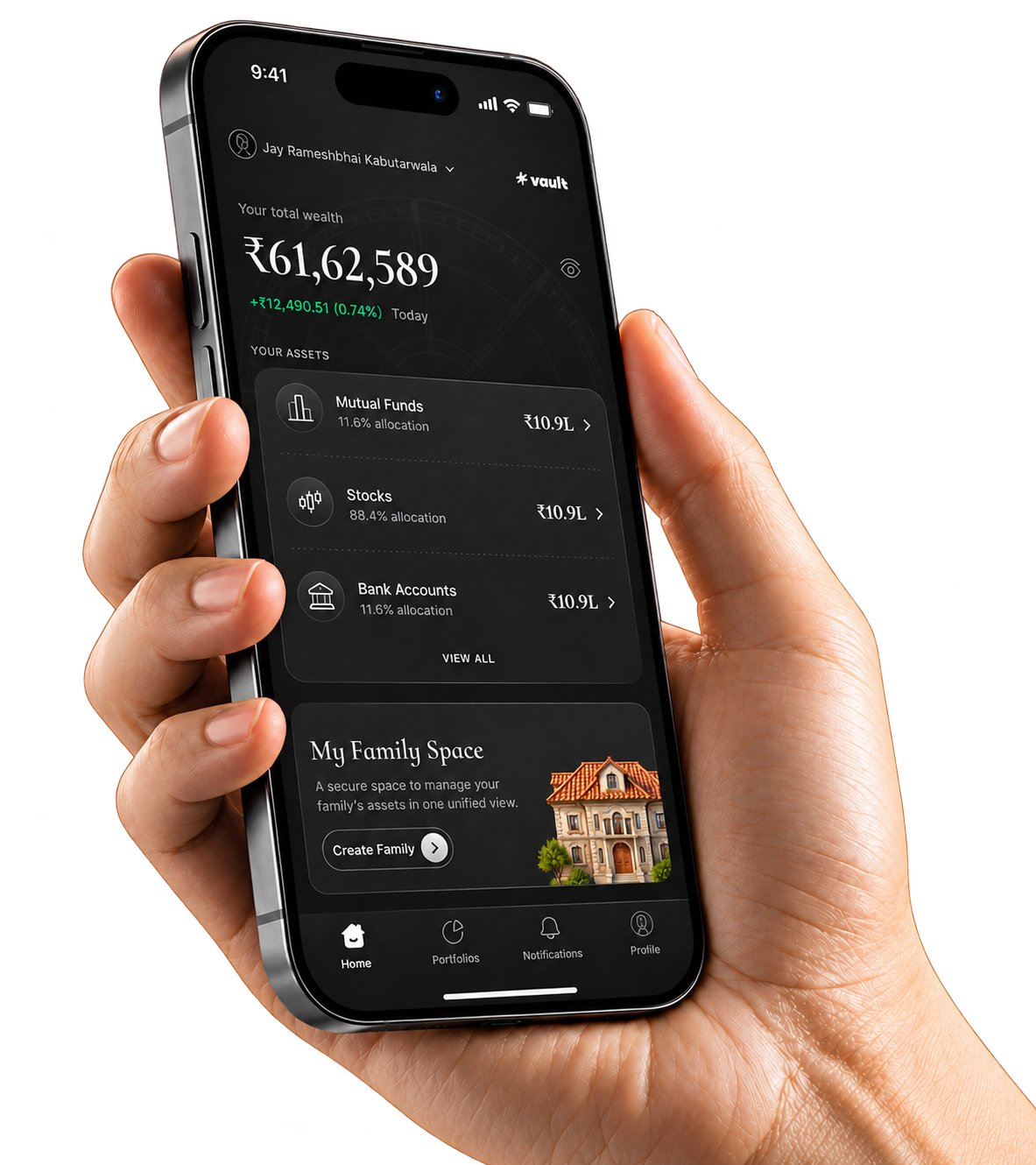 A hand holding the Vault app showing a total wealth of ₹61,62,589