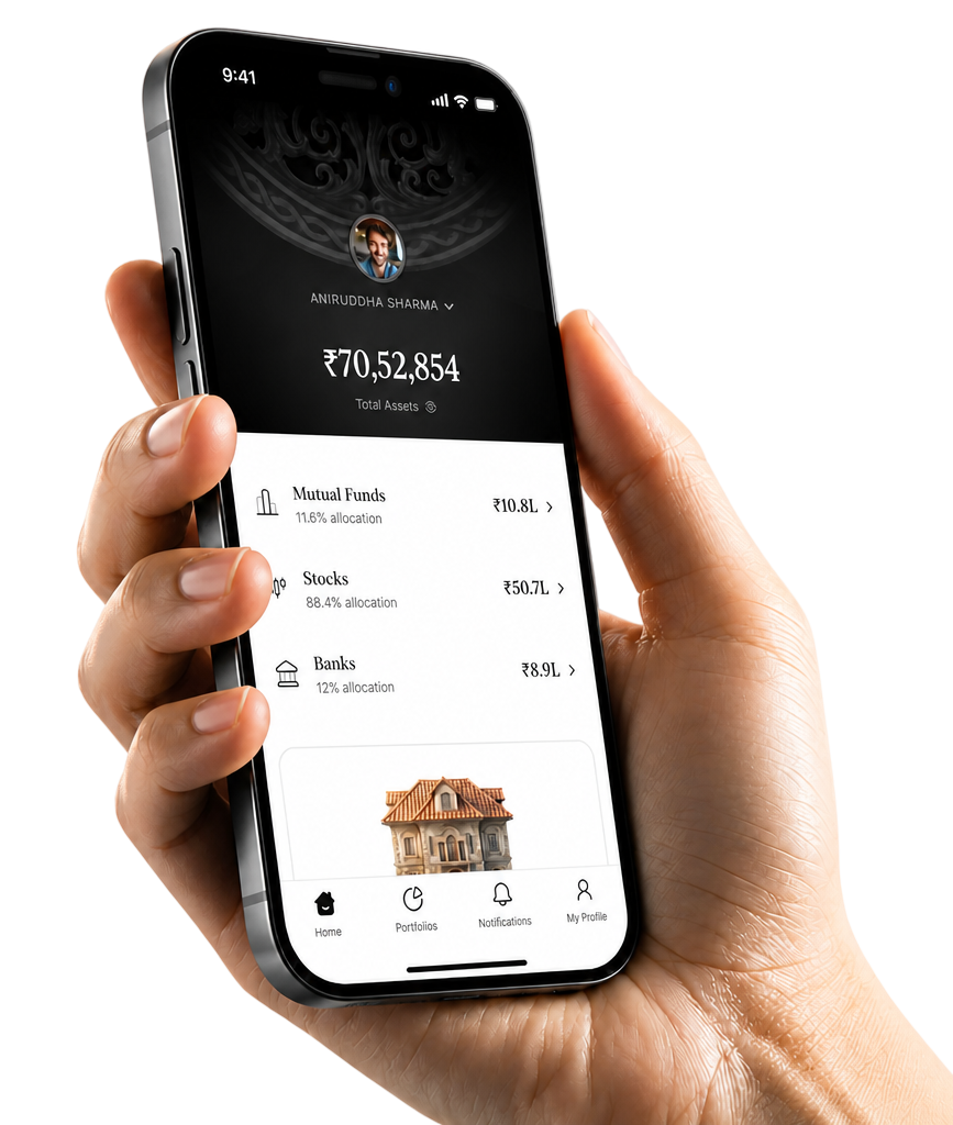 A hand holding the Vault app showing total assets of ₹70,52,854